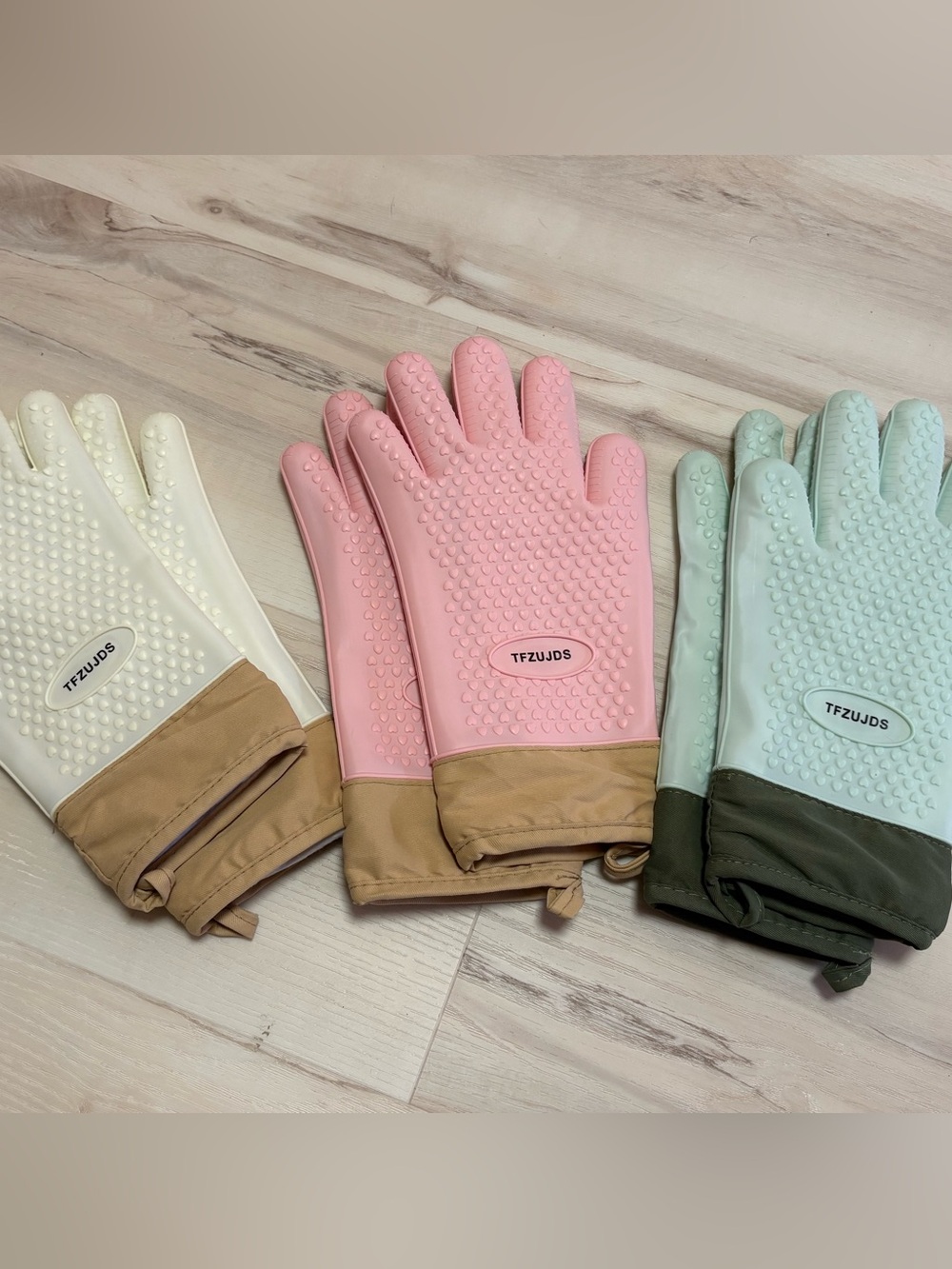 Bundle of Heat-Resistant Silicone Oven Gloves - Pink, Cream, Mint Green
